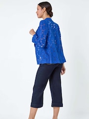 Roman Blue Cotton Blend Floral Lace Jacket - Image 3 of 5