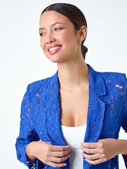 Roman Blue Cotton Blend Floral Lace Jacket - Image 4 of 5