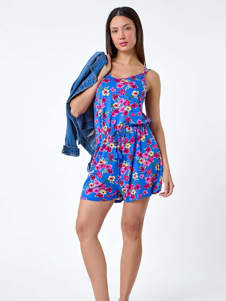 Roman Blue Floral Print Sleeveless Stretch Playsuit - Image 1 of 5