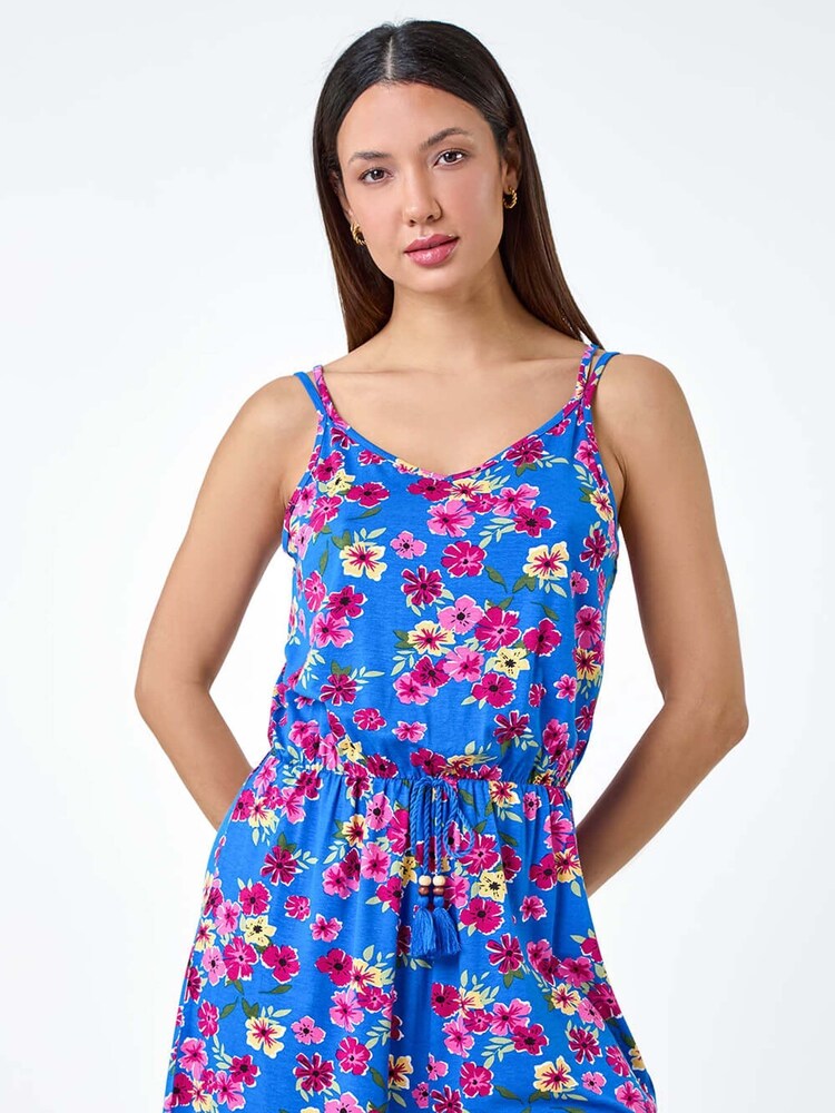 Roman Blue Floral Print Sleeveless Stretch Playsuit - Image 2 of 5