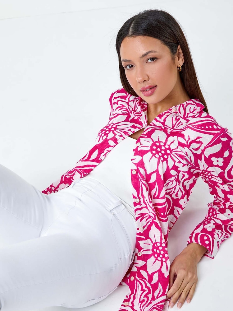 Roman Pink Floral Print Longline 100% Cotton Shirt - Image 1 of 5