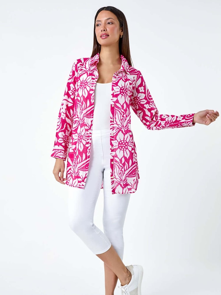 Roman Pink Floral Print Longline 100% Cotton Shirt - Image 2 of 5