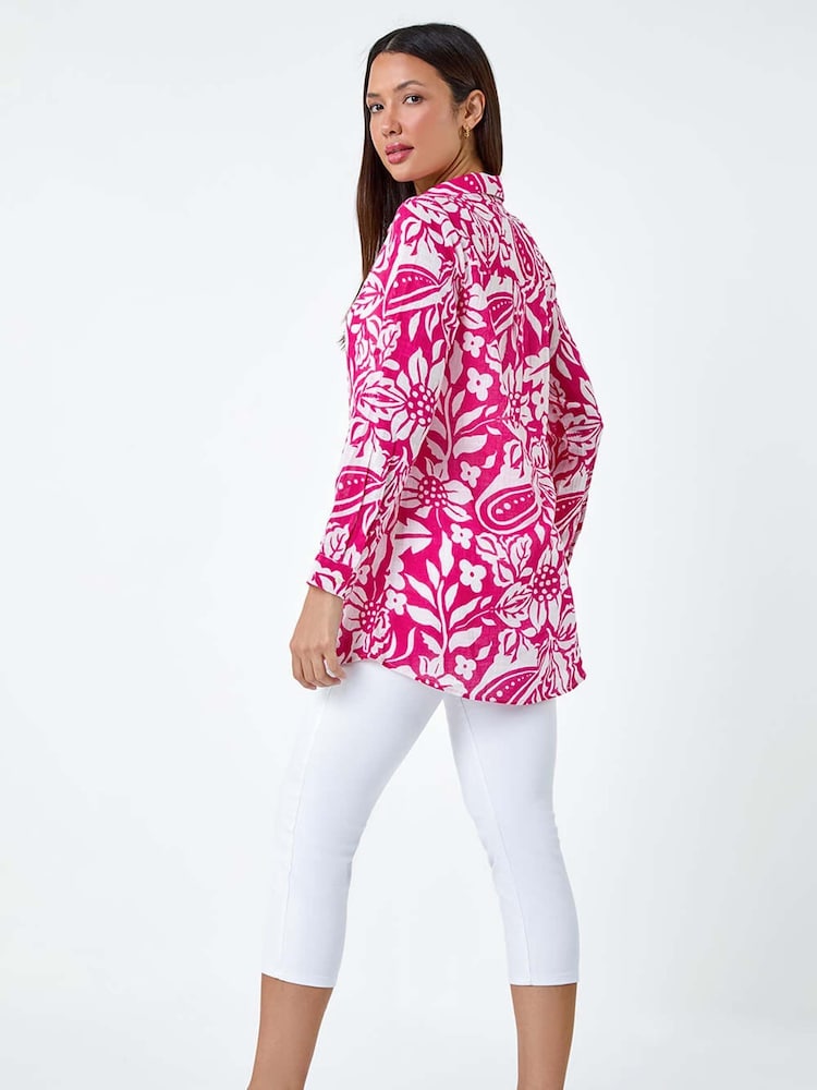 Roman Pink Floral Print Longline 100% Cotton Shirt - Image 3 of 5
