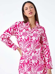 Roman Pink Floral Print Longline 100% Cotton Shirt - Image 4 of 5