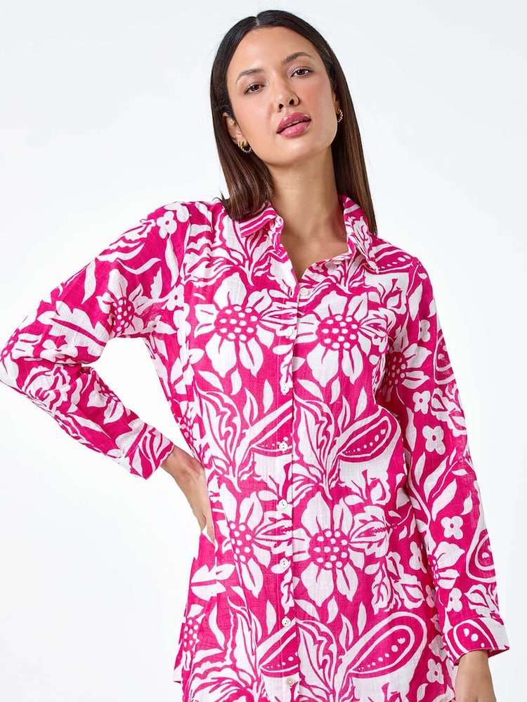 Roman Pink Floral Print Longline 100% Cotton Shirt - Image 4 of 5