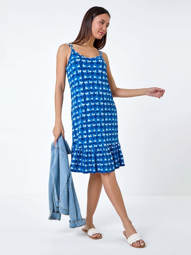 Roman Blue Tie Dye Print Strappy Stretch Dress - Image 1 of 5