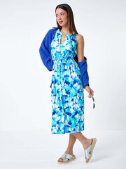 Roman Blue Abstract Halter Neck Stretch Midi Dress - Image 1 of 5