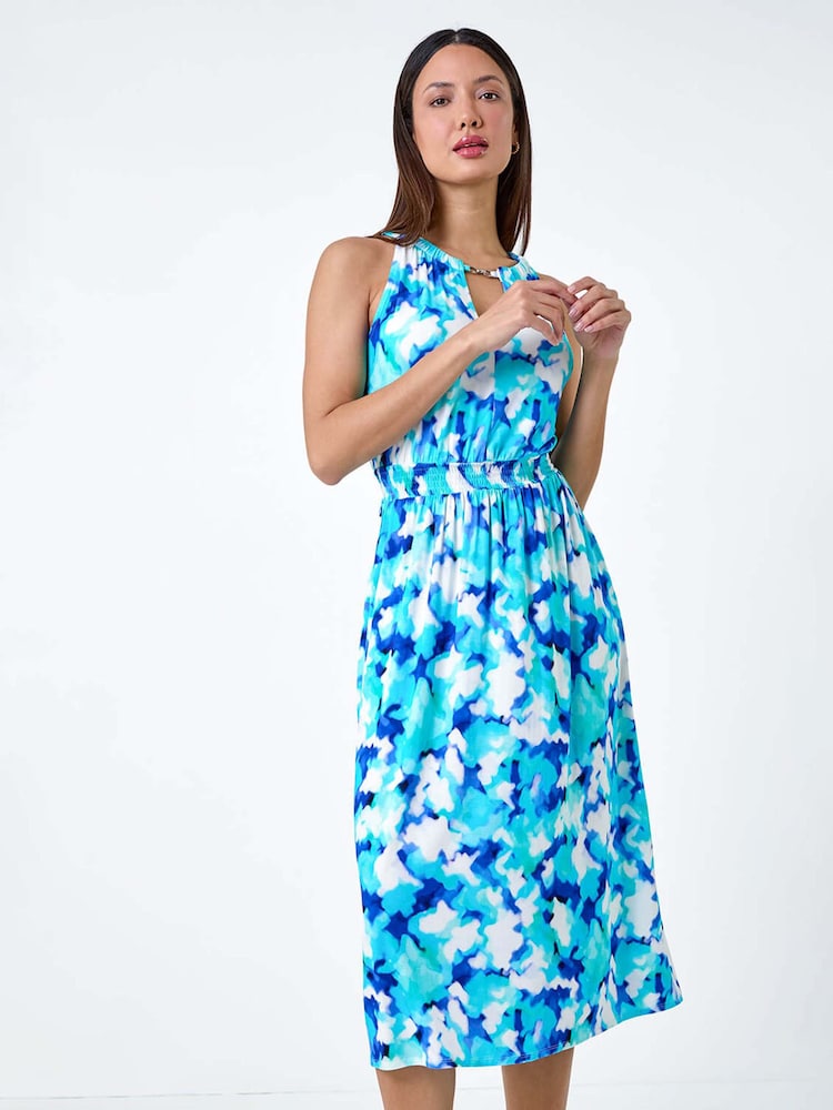 Roman Blue Abstract Halter Neck Stretch Midi Dress - Image 2 of 5