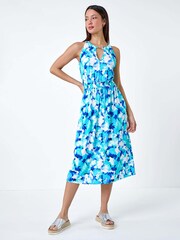 Roman Blue Abstract Halter Neck Stretch Midi Dress - Image 4 of 5