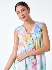 Roman Green Floral Print Ruffle Front Top - Image 1 of 5