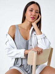 Roman Grey Plain V-Neck Stretch Jersey Vest Top - Image 1 of 5
