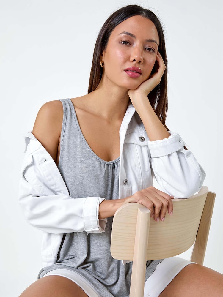 Roman Grey Plain V-Neck Stretch Jersey Vest Top - Image 1 of 5