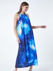 Roman Blue Floral Print Halterneck Midi Dress - Image 1 of 5