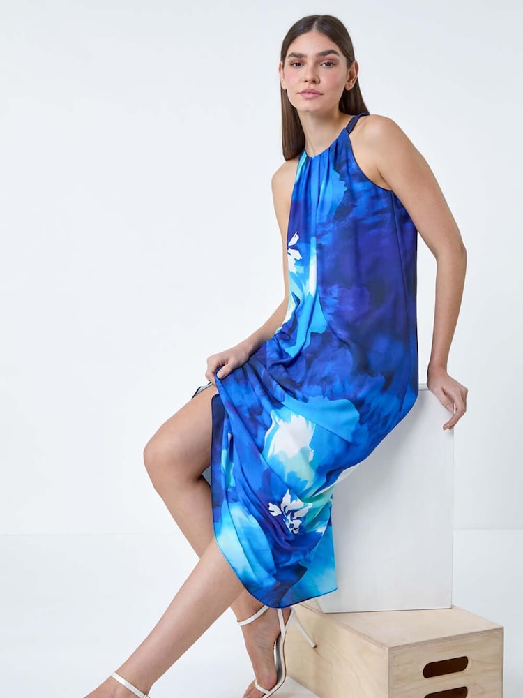 Roman Blue Floral Print Halterneck Midi Dress - Image 2 of 5