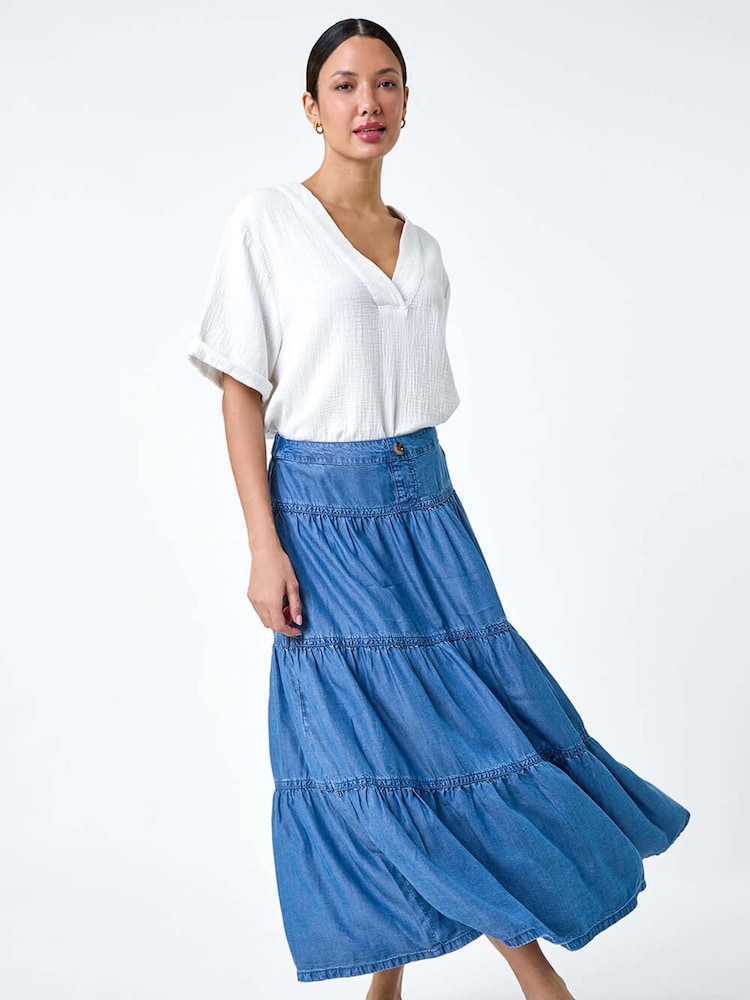 Roman Blue Denim Wash Tiered Maxi Skirt - Image 2 of 5
