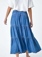 Roman Blue Denim Wash Tiered Maxi Skirt - Image 3 of 5