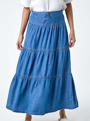 Roman Blue Denim Wash Tiered Maxi Skirt - Image 4 of 5