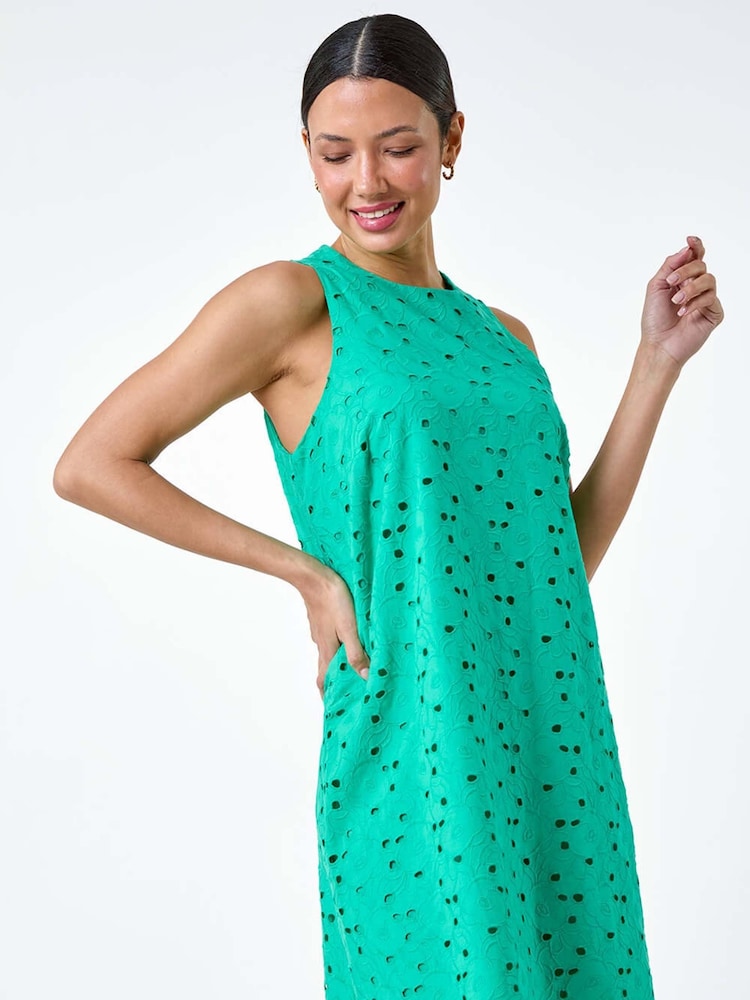 Roman Green 100% Cotton Embroidery Detail Shift Dress - Image 1 of 5