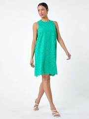Roman Green 100% Cotton Embroidery Detail Shift Dress - Image 2 of 5