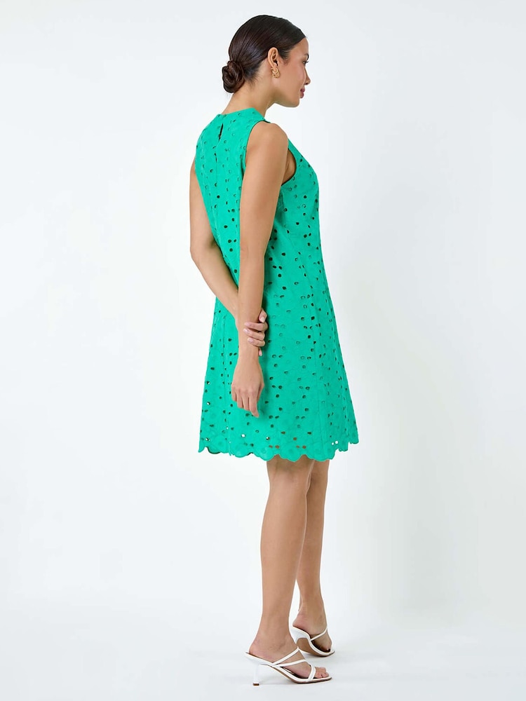 Roman Green 100% Cotton Embroidery Detail Shift Dress - Image 3 of 5