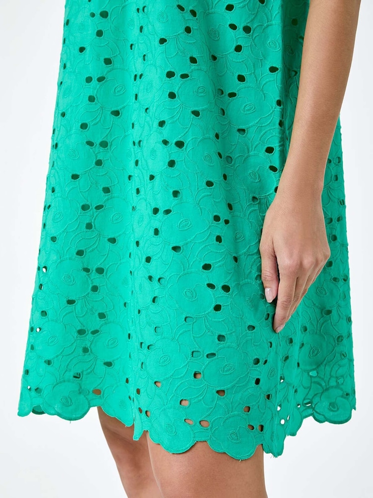 Roman Green 100% Cotton Embroidery Detail Shift Dress - Image 5 of 5