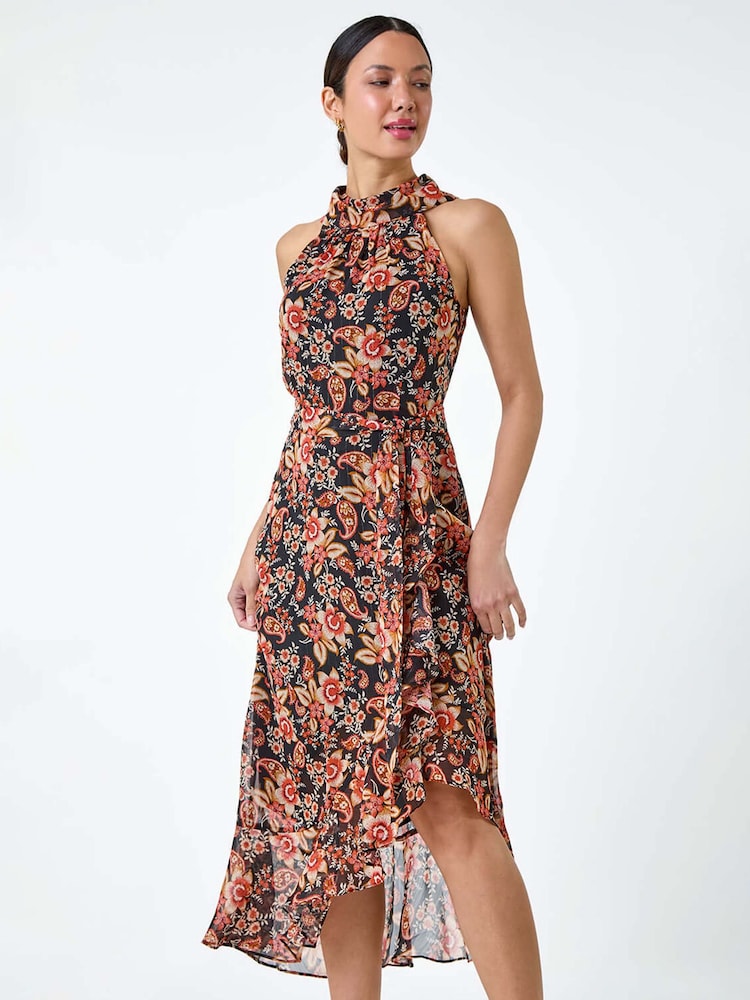Roman Black Metallic Foil Floral Halter Neck Midi Dress - Image 1 of 5 Roman Black Metallic Foil Floral Halter Neck Midi Dress - Image 1 of 5