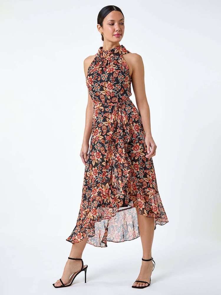 Roman Black Metallic Foil Floral Halter Neck Midi Dress - Image 2 of 5 Roman Black Metallic Foil Floral Halter Neck Midi Dress - Image 2 of 5