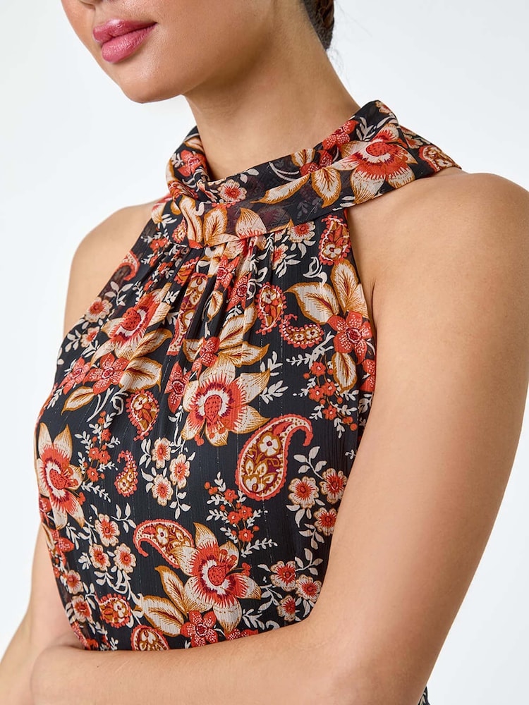Roman Black Metallic Foil Floral Halter Neck Midi Dress - Image 5 of 5 Roman Black Metallic Foil Floral Halter Neck Midi Dress - Image 5 of 5
