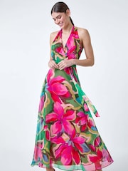Roman Pink Floral Print Halterneck Maxi Dress - Image 2 of 5