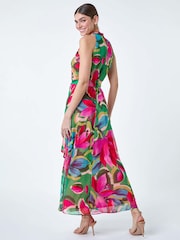 Roman Pink Floral Print Halterneck Maxi Dress - Image 3 of 5