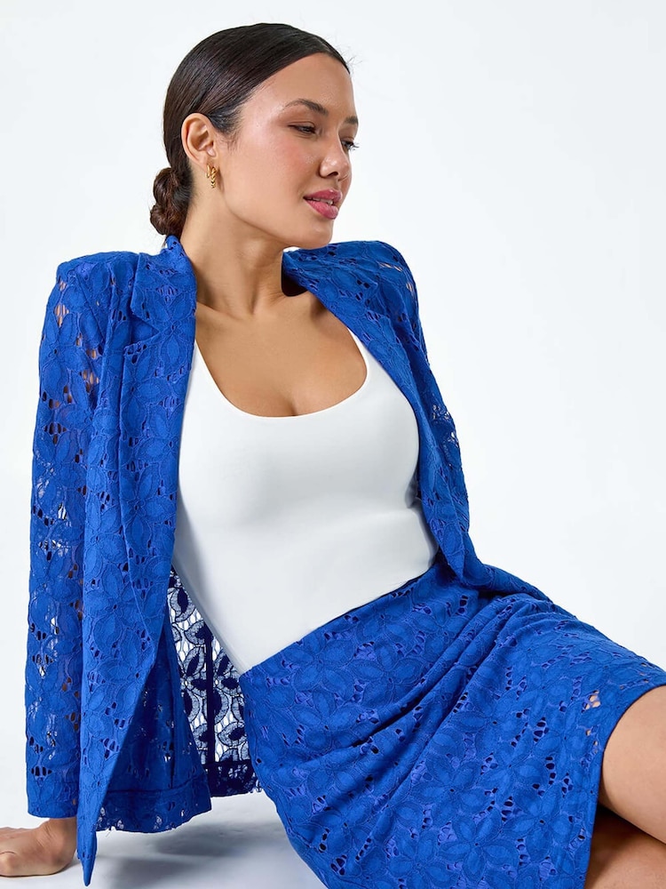 Roman Blue Cotton Blend Floral Lace Skirt - Image 2 of 5