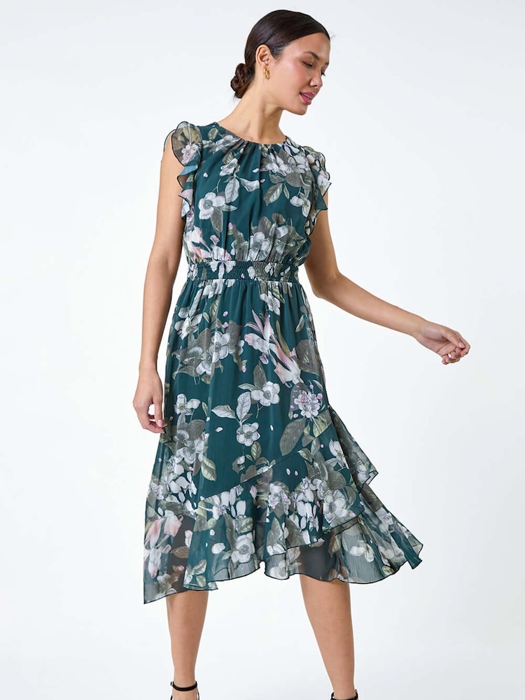 Roman Green Floral Print Frill Shirred Midi Dress - Image 1 of 5