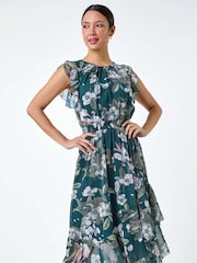 Roman Green Floral Print Frill Shirred Midi Dress - Image 2 of 5