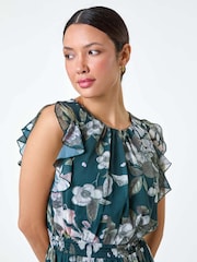 Roman Green Floral Print Frill Shirred Midi Dress - Image 4 of 5