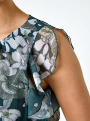 Roman Green Floral Print Frill Shirred Midi Dress - Image 5 of 5