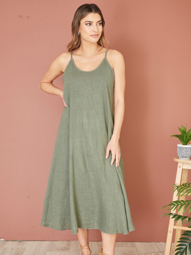 Yumi Green Relaxed Fit Italian 100% Linen Midi Sundress - Image 1 of 4
