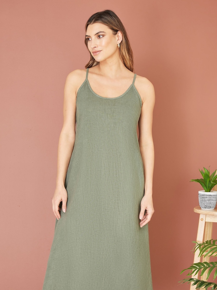 Yumi Green Relaxed Fit Italian 100% Linen Midi Sundress - Image 2 of 4