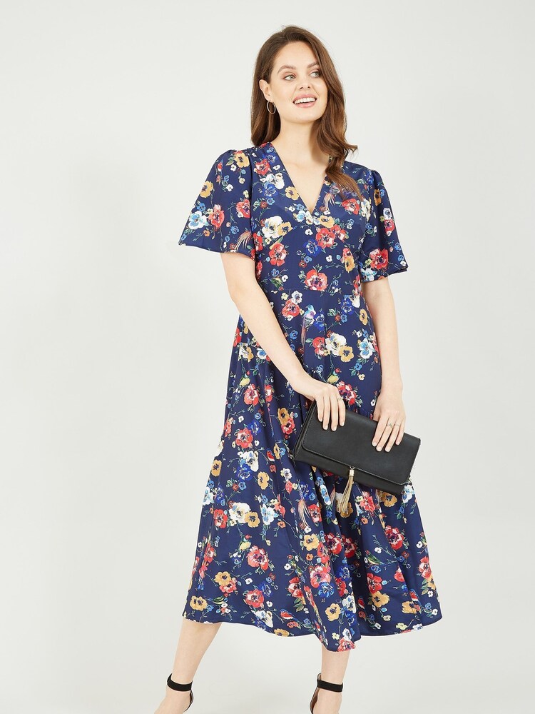 Yumi Blue Bird And Floral Print Midi Dress - Image 1 of 4