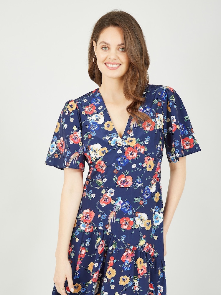 Yumi Blue Bird And Floral Print Midi Dress - Image 2 of 4