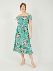 Yumi Green Floral Bardot Dress - Image 1 of 4