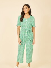 Yumi Green Floral Puff Sleeve Jumpsuit - Image 1 of 4