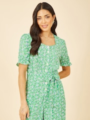 Yumi Green Floral Puff Sleeve Jumpsuit - Image 2 of 4
