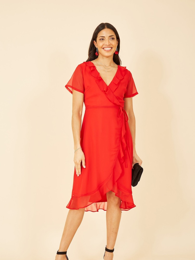 Yumi Red Frill Wrap Dress - Image 1 of 5