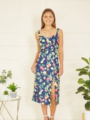 Yumi Blue Fruit Print Strappy Sundress With Front Split - Image 1 of 5