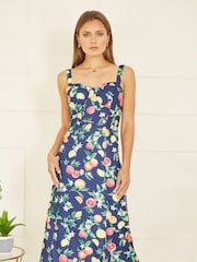 Yumi Blue Fruit Print Strappy Sundress With Front Split - Image 3 of 5