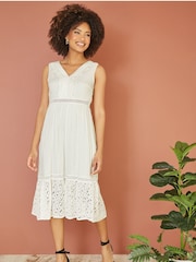 Yumi White Lace And Dobby Cotton Midi Dress - Image 1 of 5