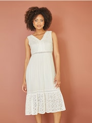 Yumi White Lace And Dobby Cotton Midi Dress - Image 3 of 5