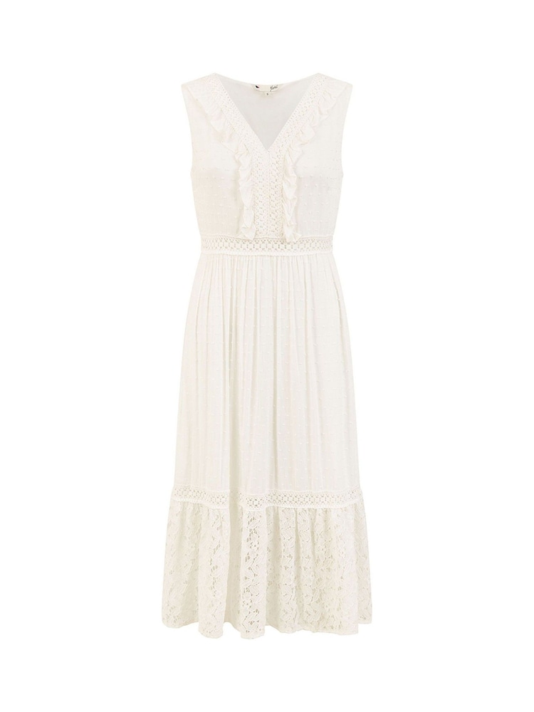 Yumi White Lace And Dobby Cotton Midi Dress - Image 5 of 5