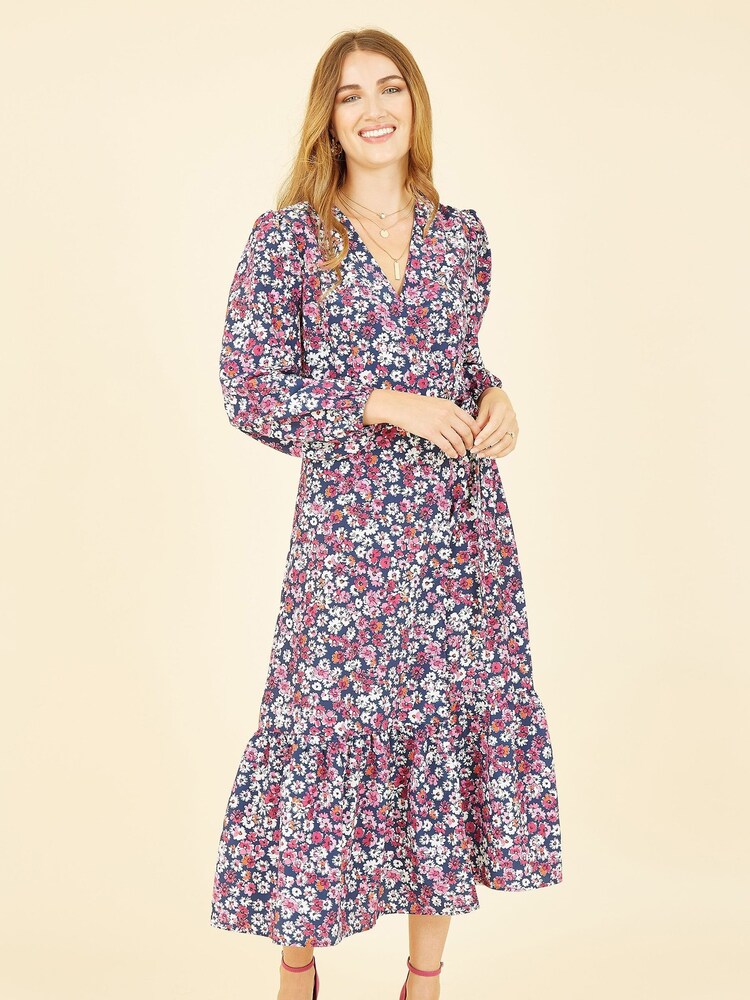 Yumi Pink Daisy Print Wrap Midi Dress With Long Sleeves - Image 1 of 5 Yumi Pink Daisy Print Wrap Midi Dress With Long Sleeves - Image 1 of 5