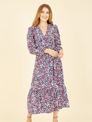 Yumi Pink Daisy Print Wrap Midi Dress With Long Sleeves - Image 3 of 5
